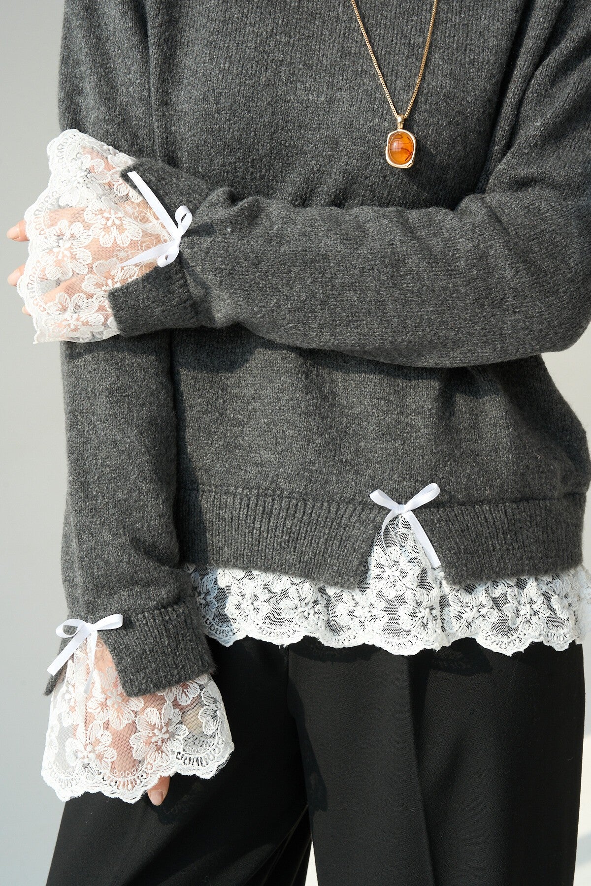 Anthracite Sweater with Lace Trim on Sleeves and Hem