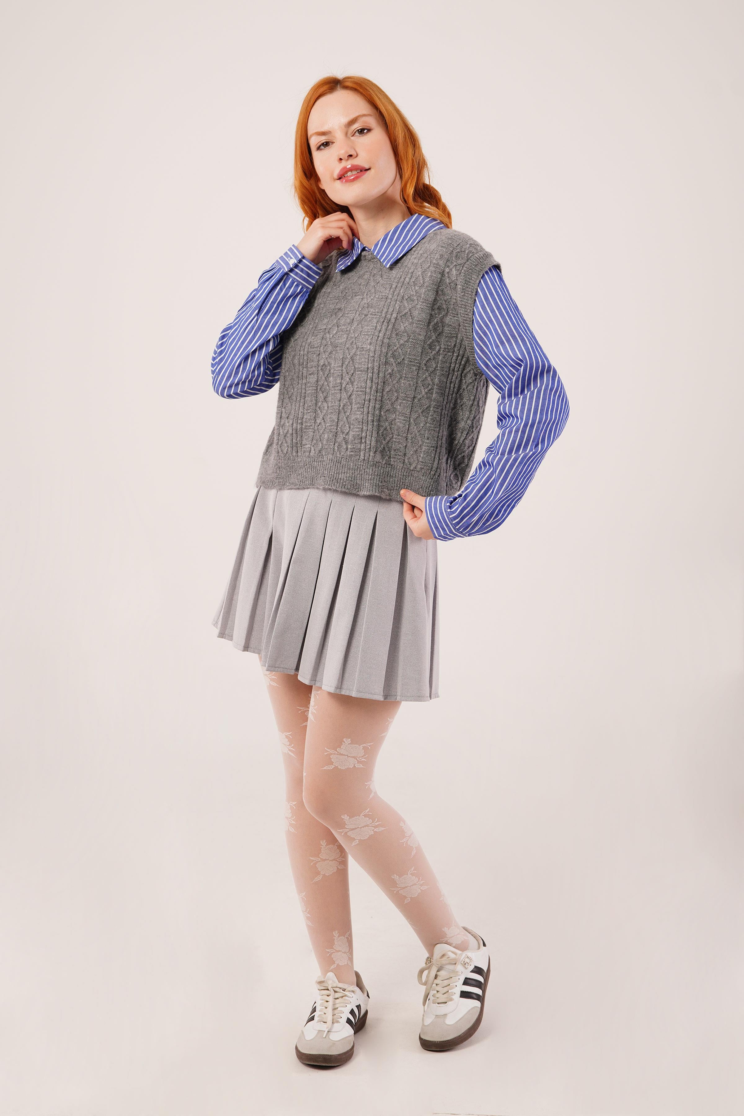 Kol Ve Yaka Gömlek Detaylı Gri Toptan Triko Kazak