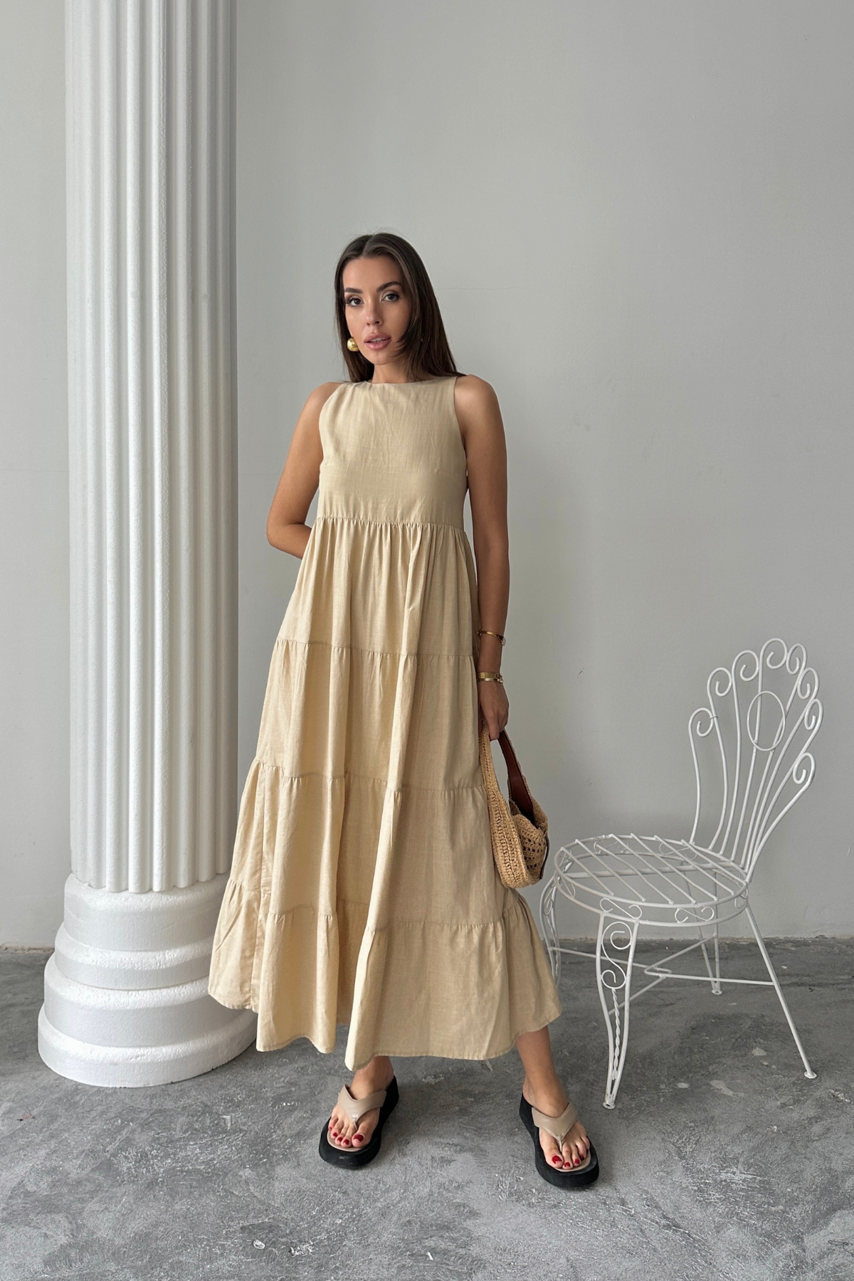 KOLSUZ UZUN FLAM KETEN ELBİSE - Bej