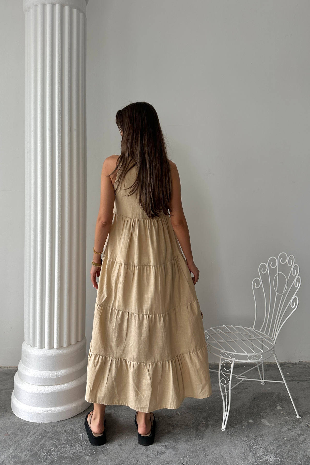 KOLSUZ UZUN FLAM KETEN ELBİSE - Bej