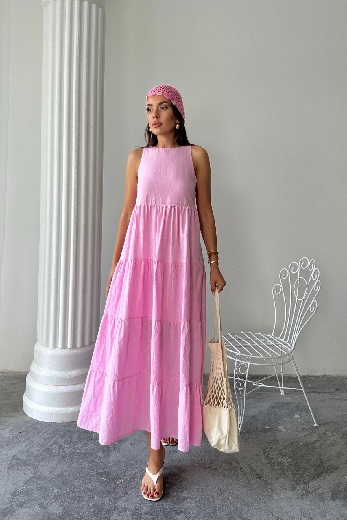 KOLSUZ UZUN FLAM KETEN ELBİSE - Pembe