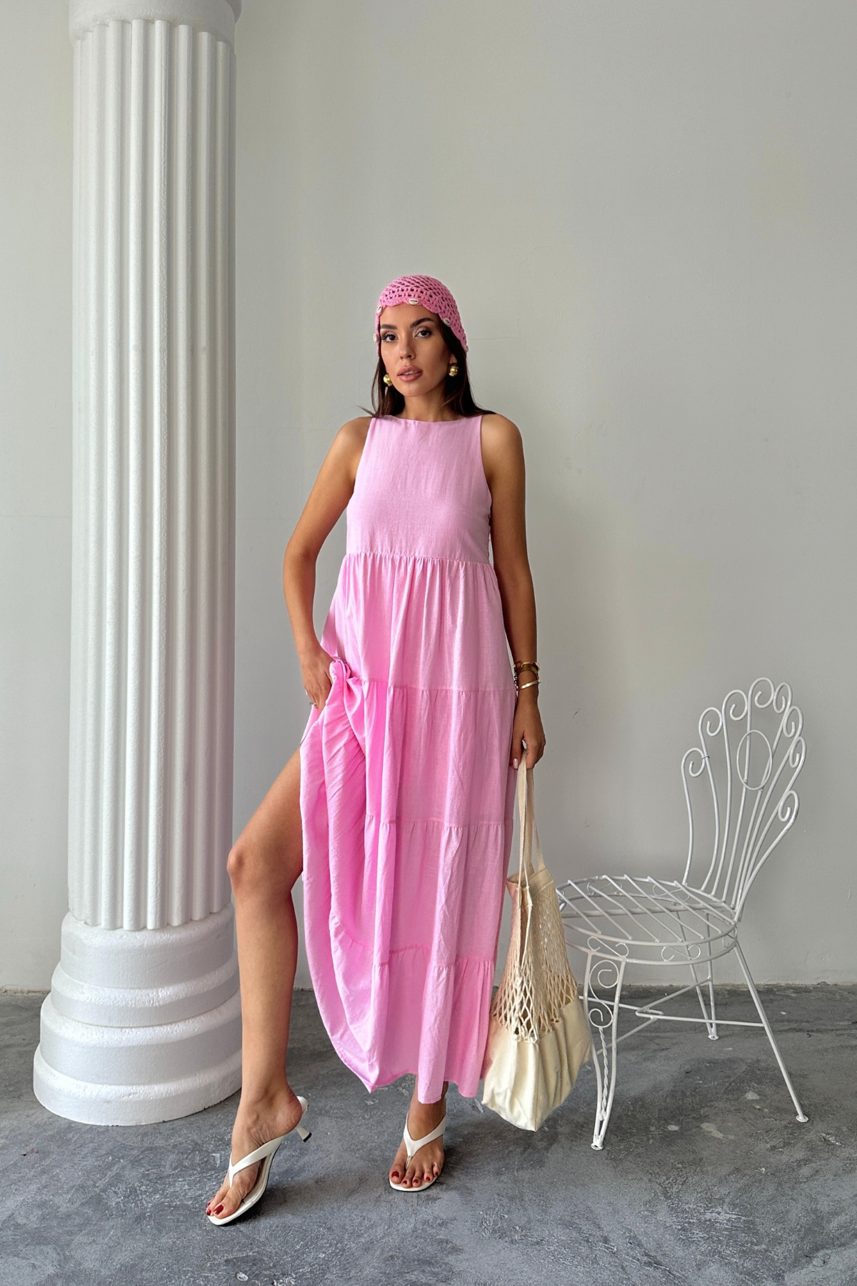 KOLSUZ UZUN FLAM KETEN ELBİSE - Pembe