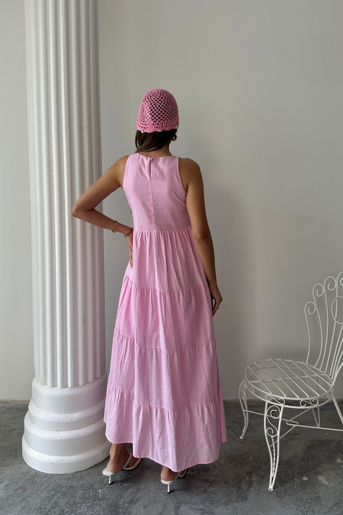 KOLSUZ UZUN FLAM KETEN ELBİSE - Pembe