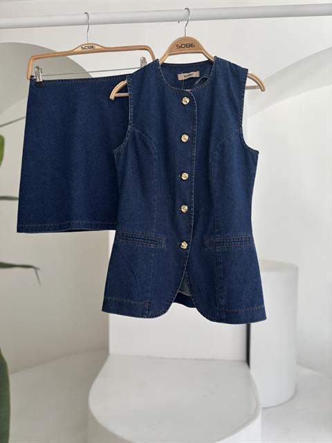 Kolsuz Yelekli Mini Etekli Denim Takım 10164