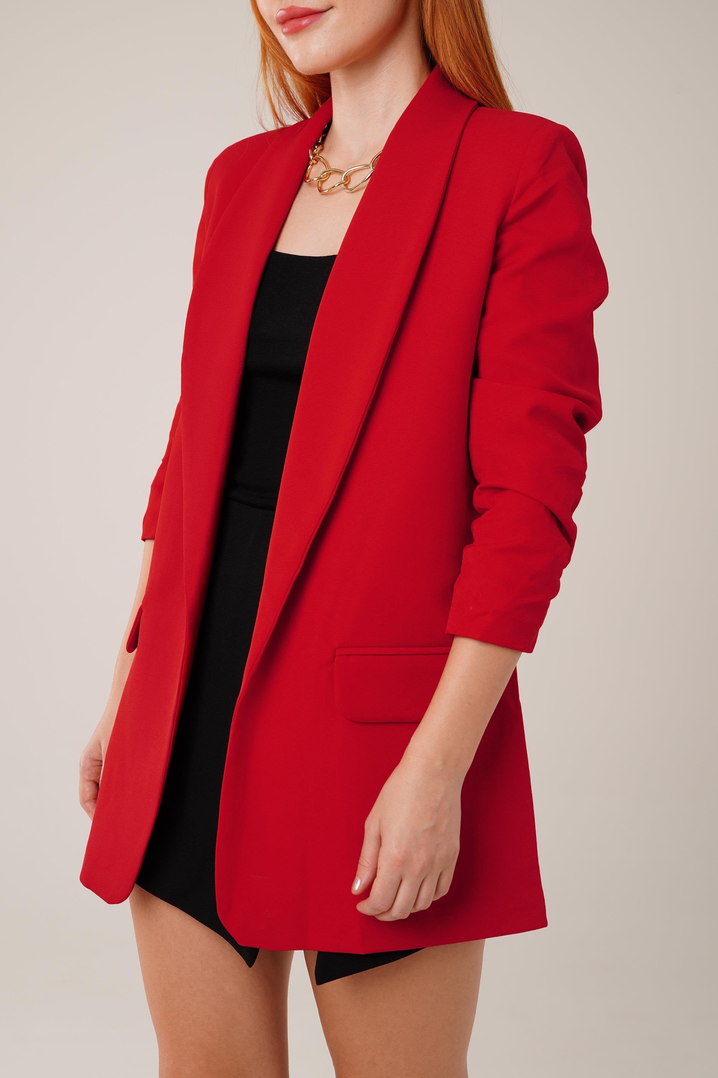 Kolu Büzgülü Toptan Kırmızı Blazer Ceket