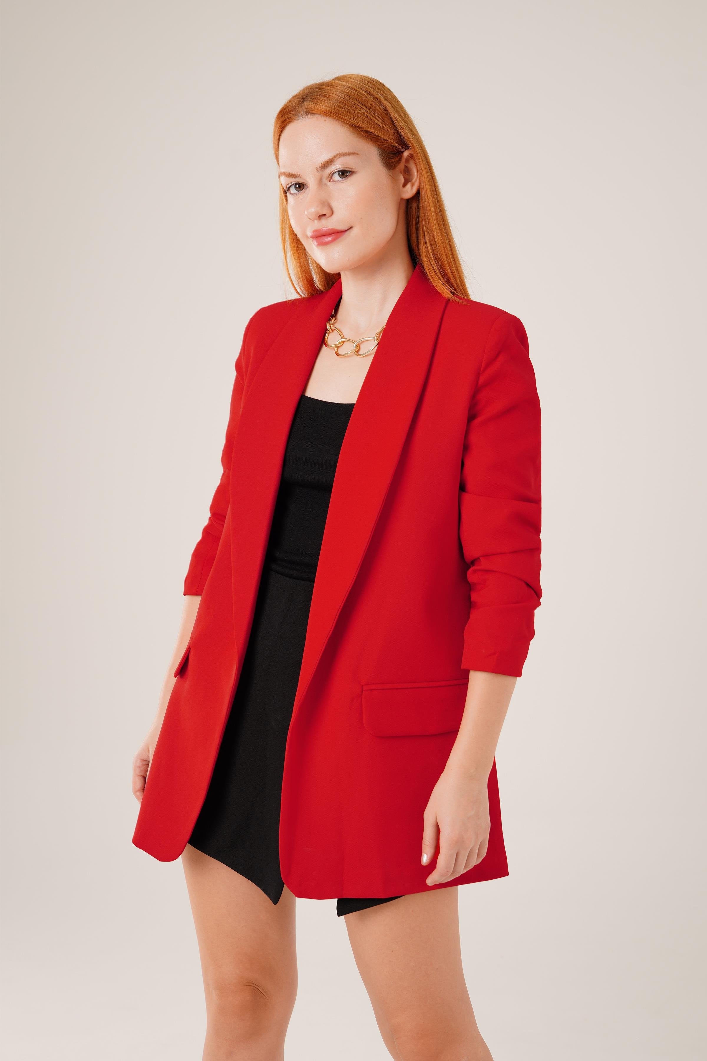 Kolu Büzgülü Toptan Kırmızı Blazer Ceket