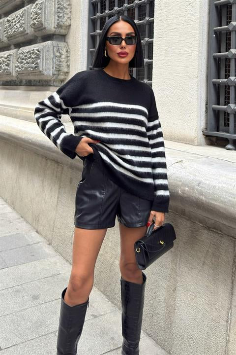 Kontrast Çizgili Triko Kazak 1371