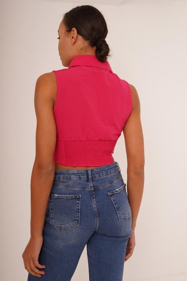 Korse Detay Kısa Kollu Toptan Fuşya Gömlek