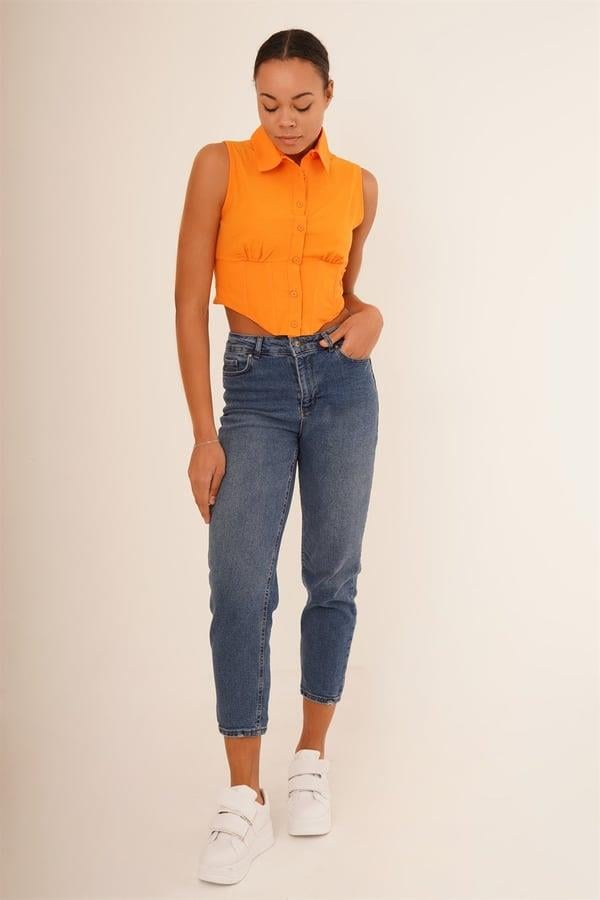 Korse Detay Kısa Kollu Toptan Oranj Gömlek