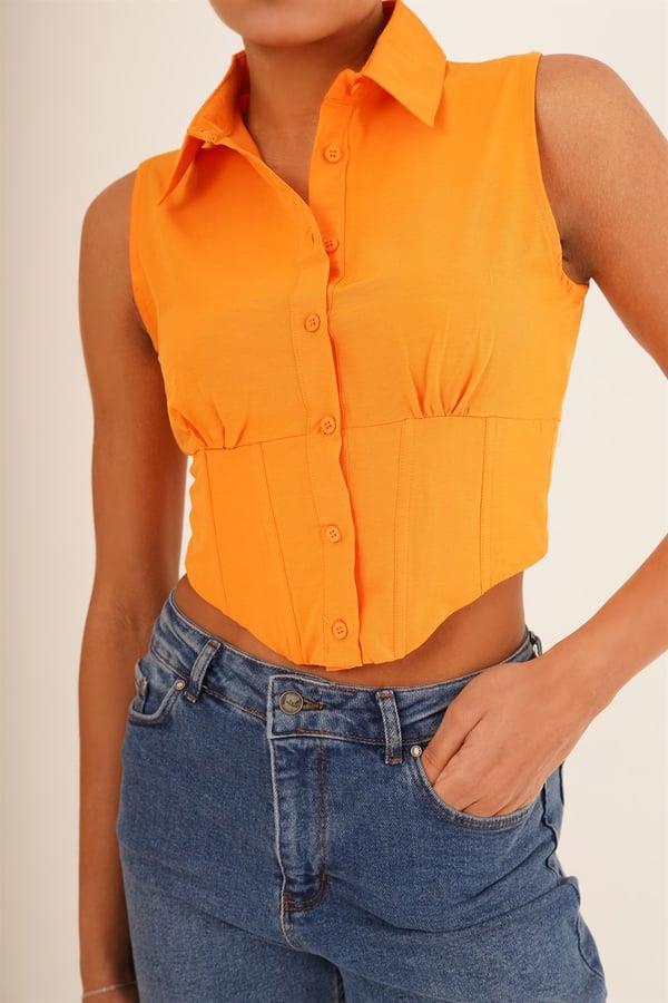 Korse Detay Kısa Kollu Toptan Oranj Gömlek Oranj S
