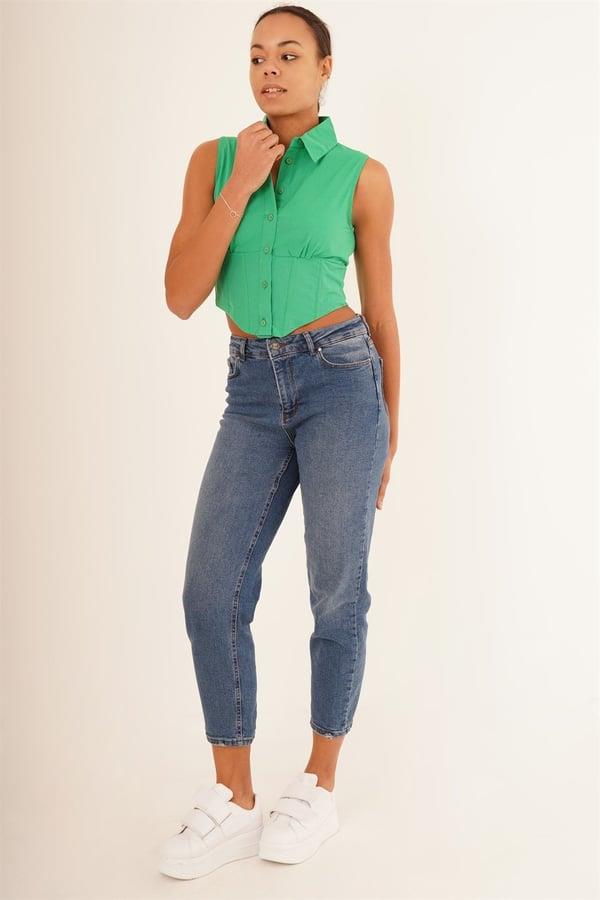 Korse Detay Kısa Kollu Toptan Yeşil Gömlek