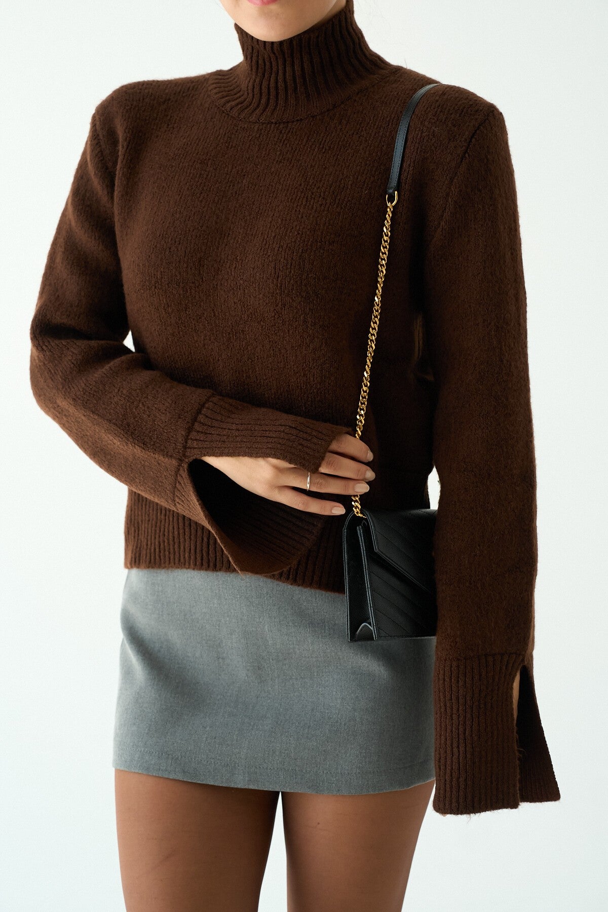 Dark Brown Knitted Sweater with Slit Sleeves