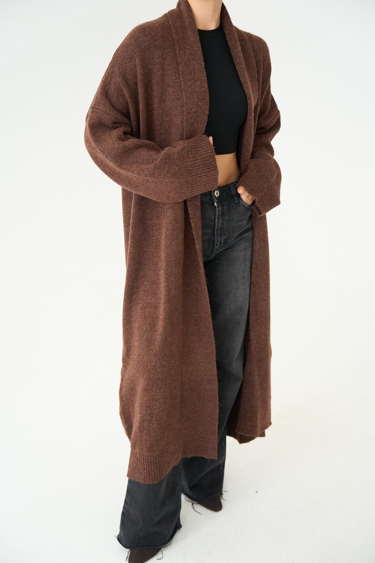 Dark Brown Open Shawl Collar Cardigan
