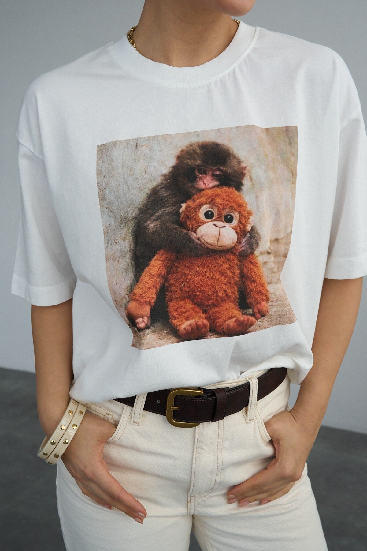 Krem Baby Monkey Baskı T-Shirt