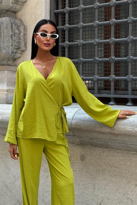 Kruvaze Model Klasik Pantolonlu Çupra Keten Takım 10191