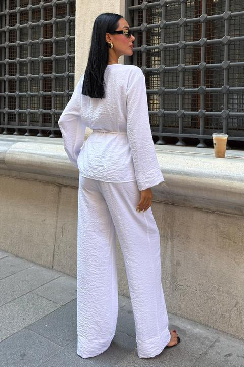 Kruvaze Model Klasik Pantolonlu Çupra Keten Takım 10191