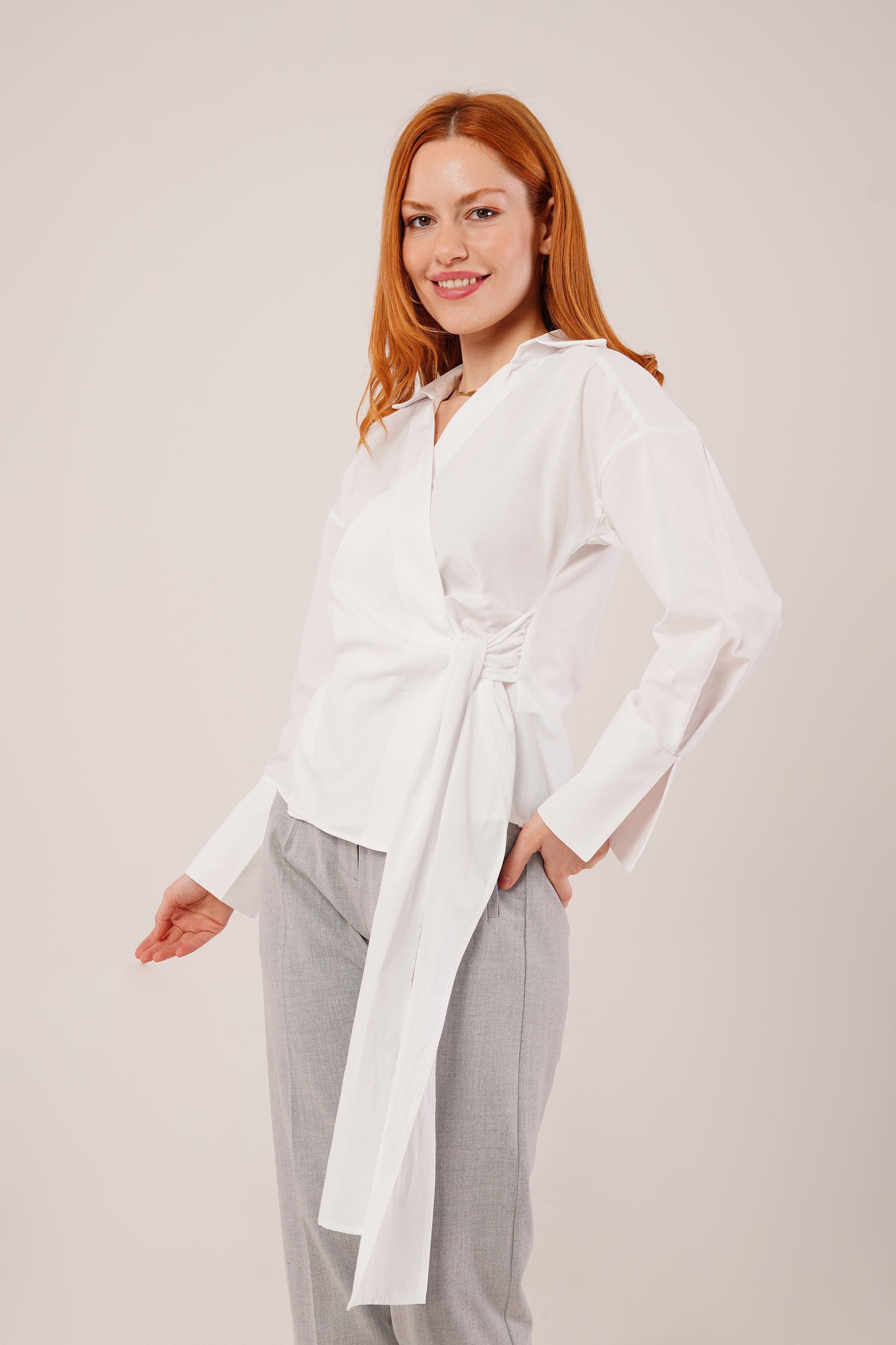 Kruvaze Yaka Yandan Bağlama Detaylı Toptan Beyaz Gömlek Beyaz S