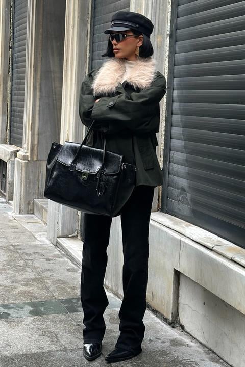 Kürk Yakalı Oversize Ceket 6135-08