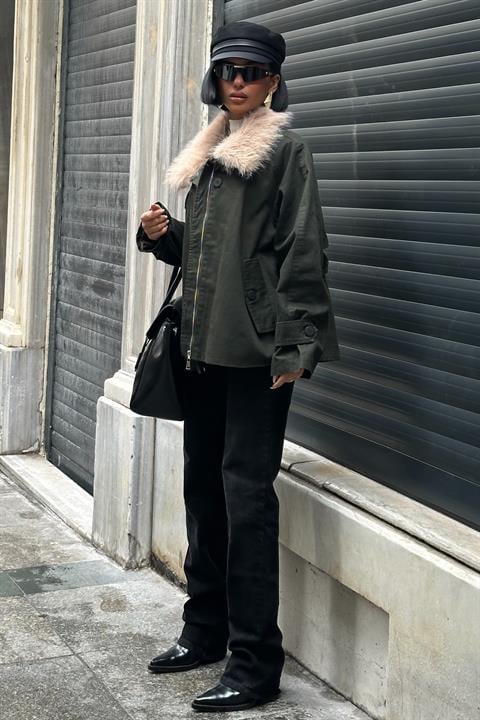Kürk Yakalı Oversize Ceket 6135-08