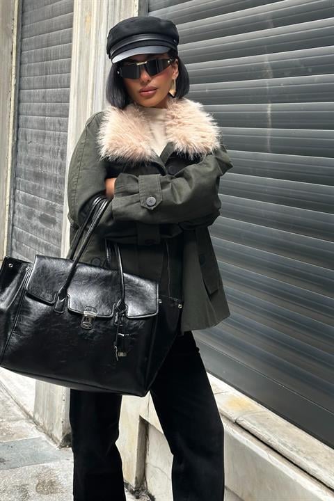 Kürk Yakalı Oversize Ceket 6135-08