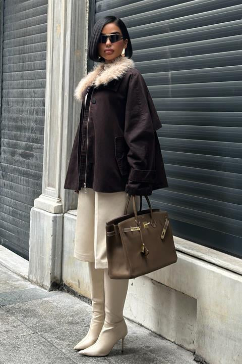 Kürk Yakalı Oversize Ceket 6135-08