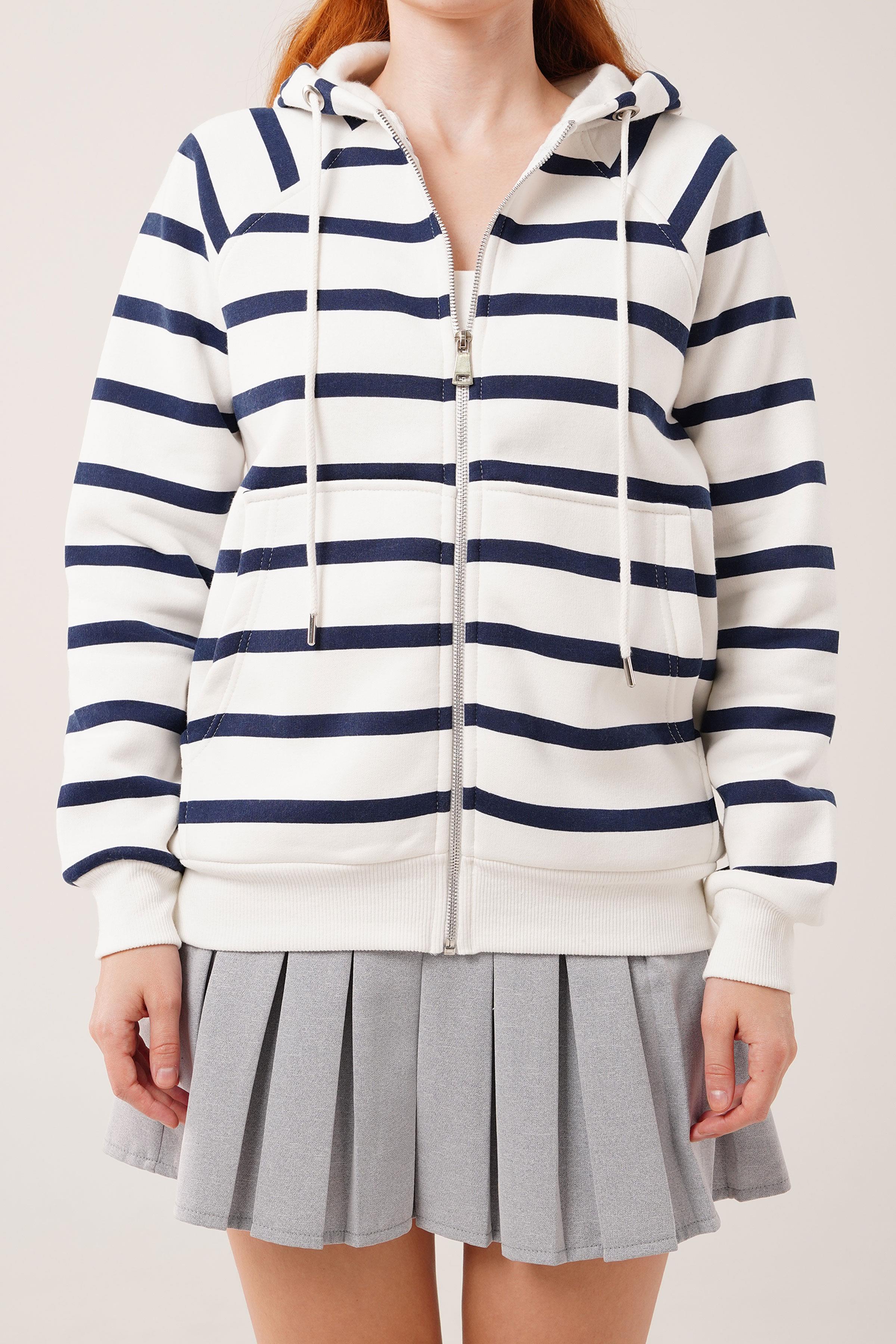 Lacivert Çizgili İki İplik Kapüşonlu Toptan Sweatshirt