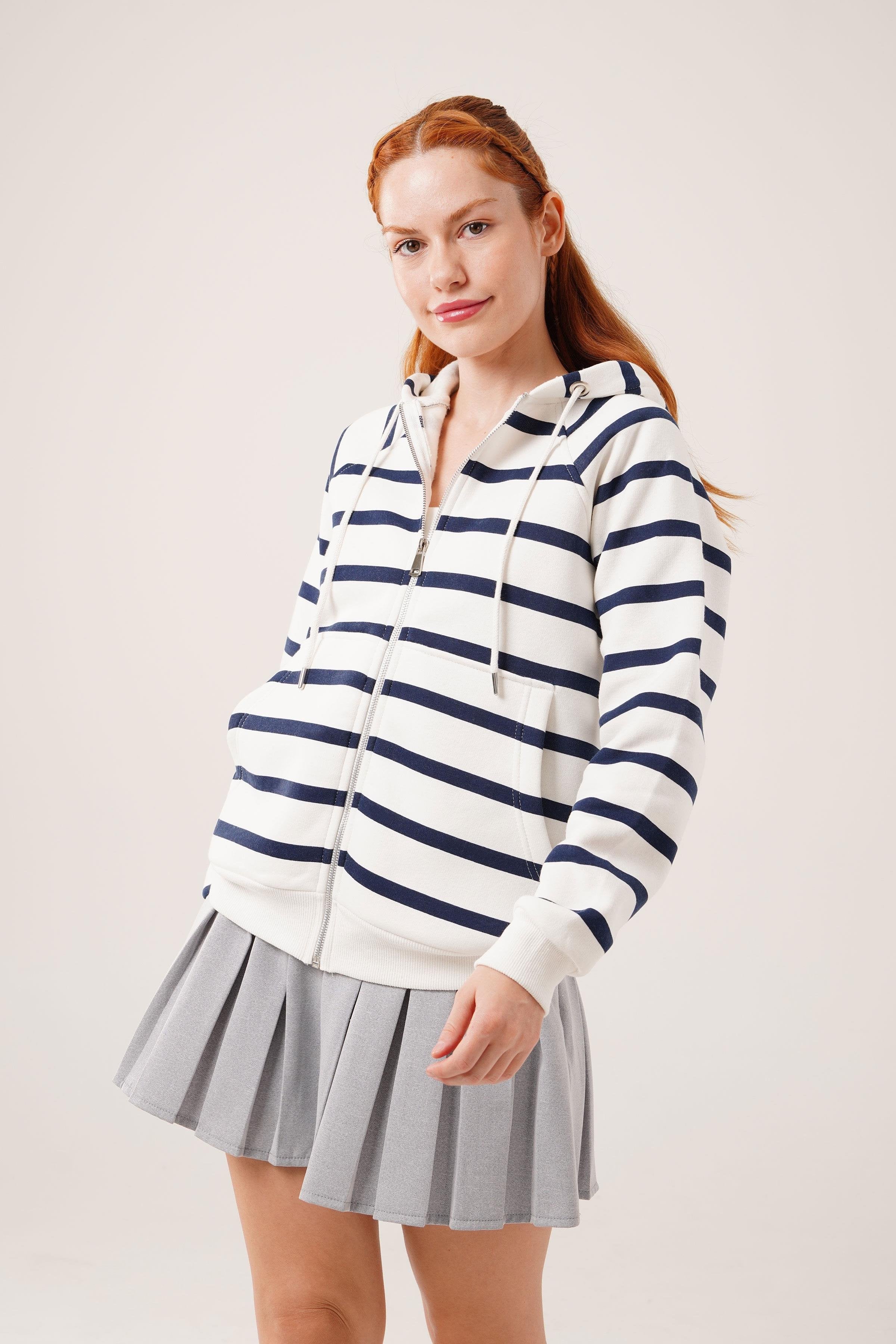 Lacivert Çizgili İki İplik Kapüşonlu Toptan Sweatshirt