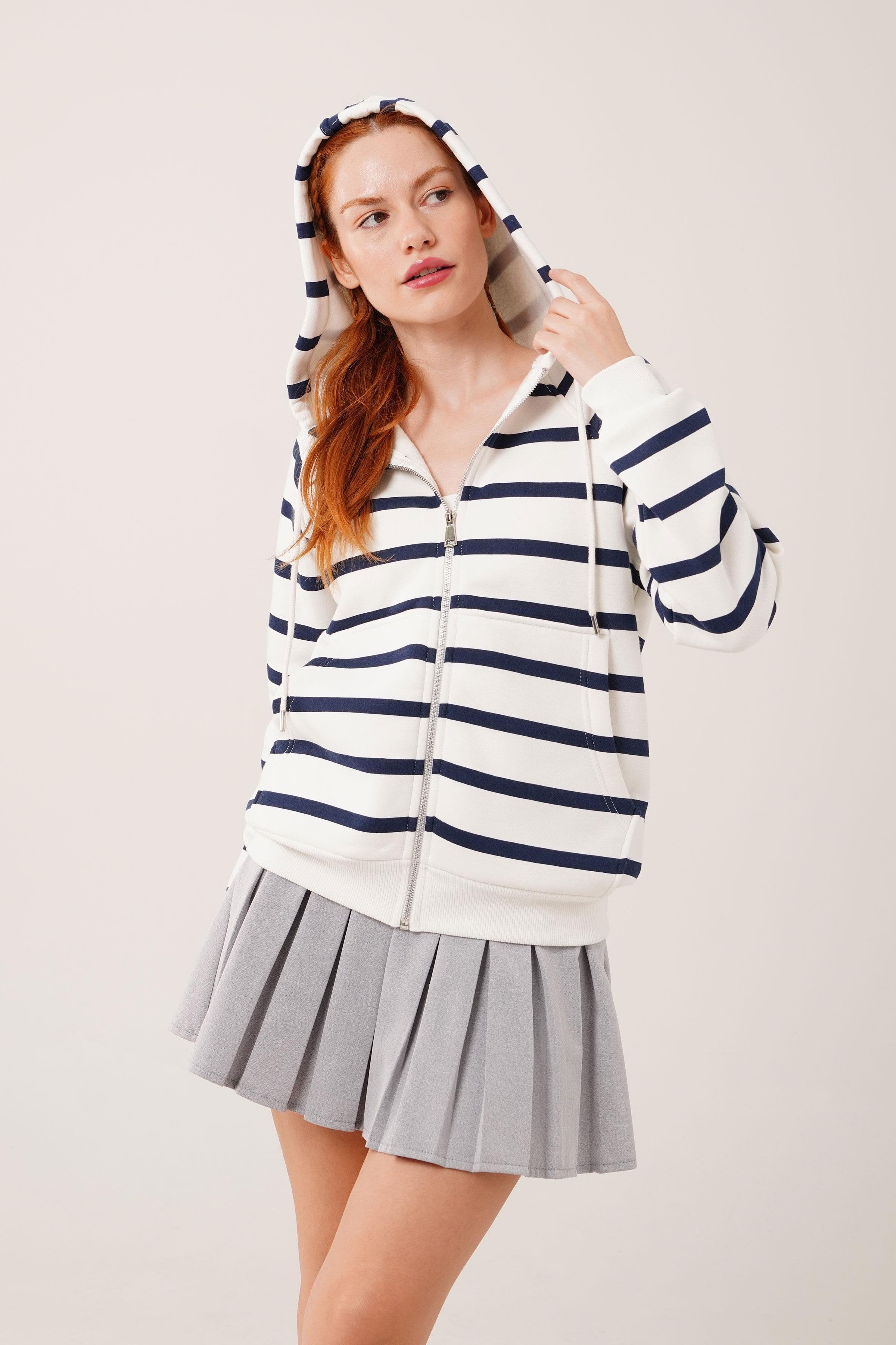 Lacivert Çizgili İki İplik Kapüşonlu Toptan Sweatshirt