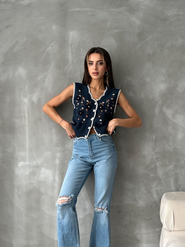 Topshow Lacivert Nakışlı Toptan Yelek