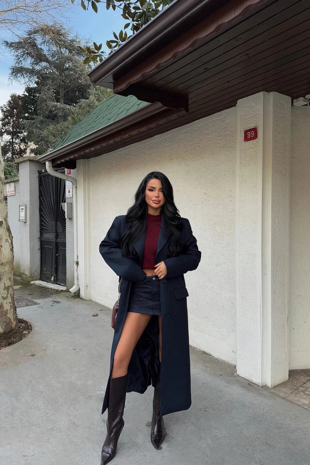 lacivert Önü Düğmeli Cep Detay Kaban