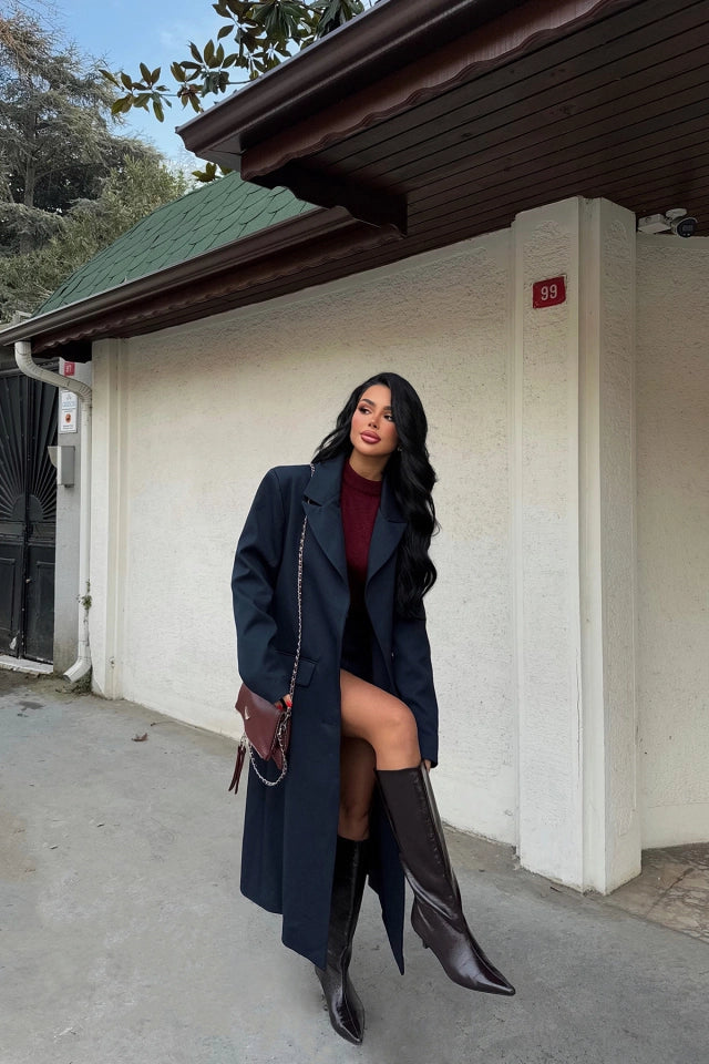 lacivert Önü Düğmeli Cep Detay Kaban