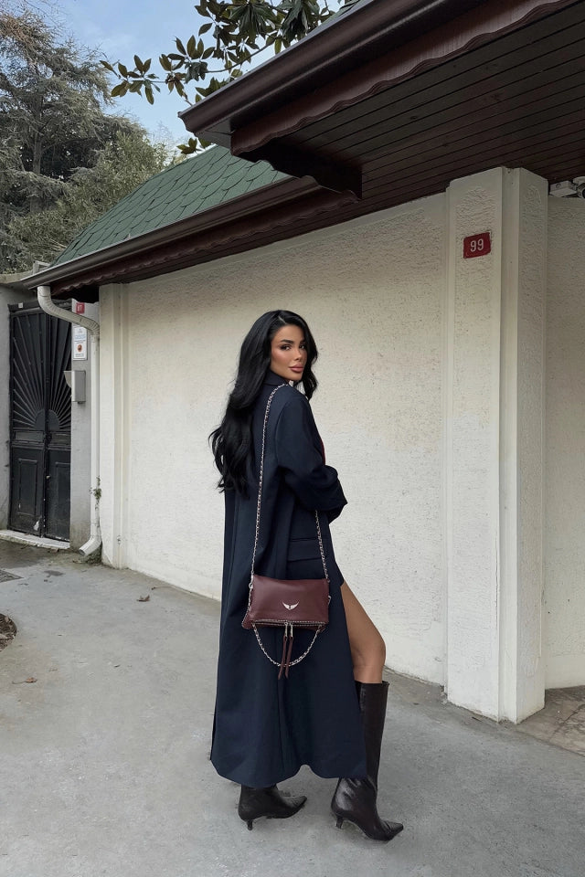 lacivert Önü Düğmeli Cep Detay Kaban