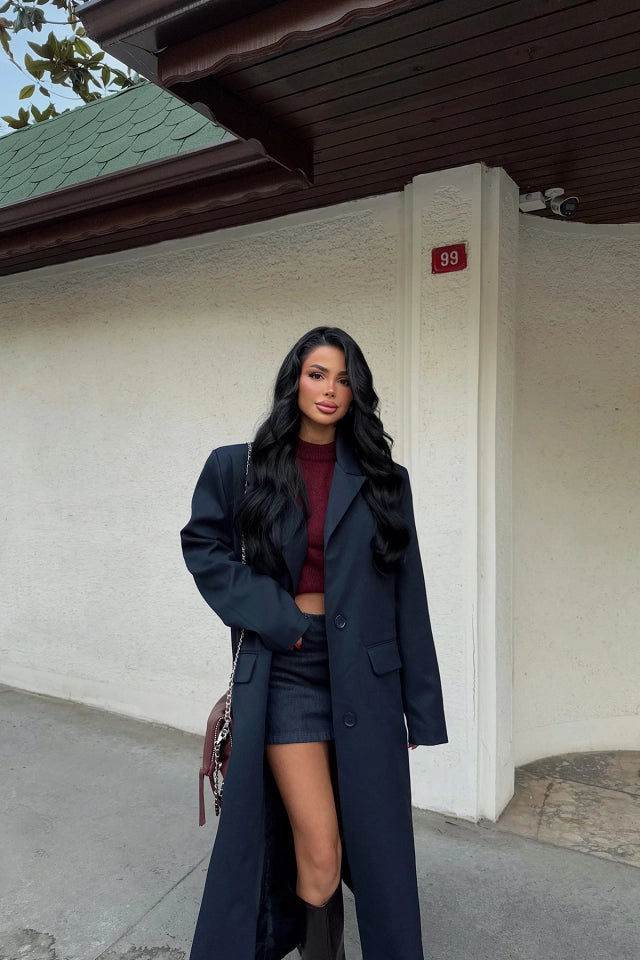 lacivert Önü Düğmeli Cep Detay Kaban