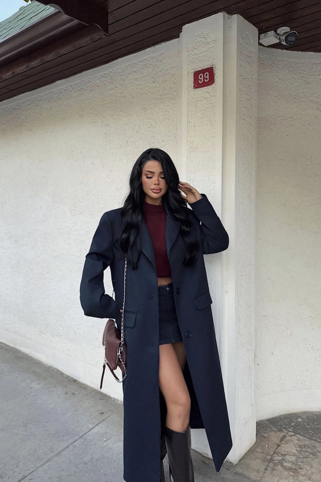 lacivert Önü Düğmeli Cep Detay Kaban