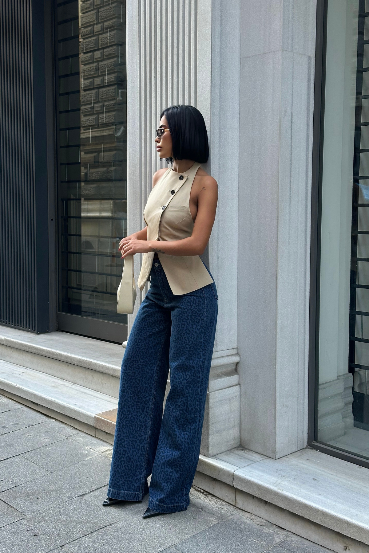 LEOPAR BASKILI KOT PANTOLON - Lacivert