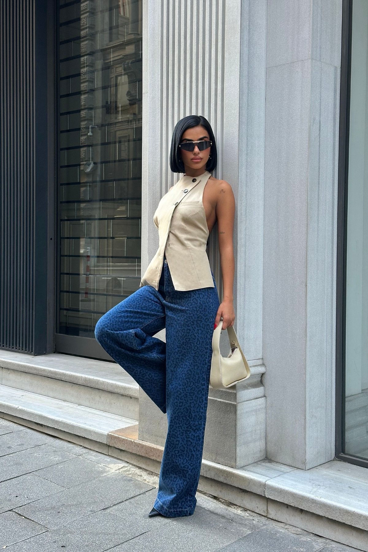 LEOPAR BASKILI KOT PANTOLON - Lacivert