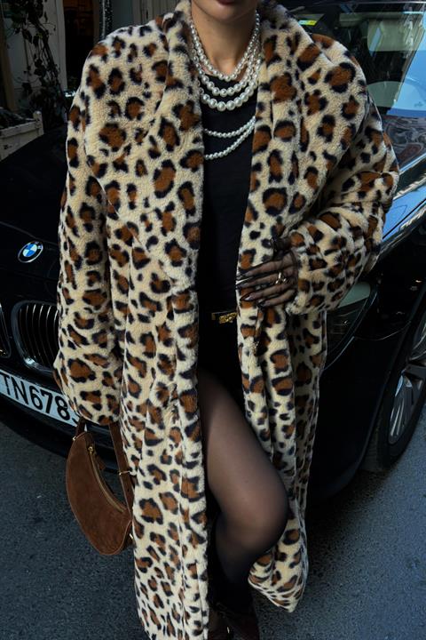 Leopar Desenli İçi Astarlı Peluş Kaban 7065