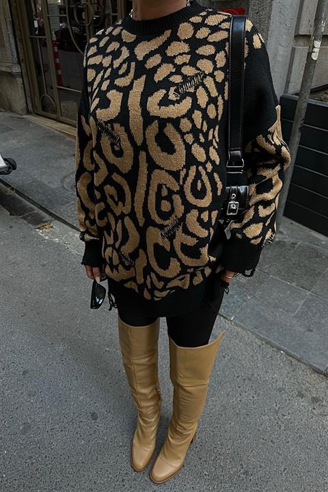 Leopar Desenli Yırtık Detaylı Kazak 1344