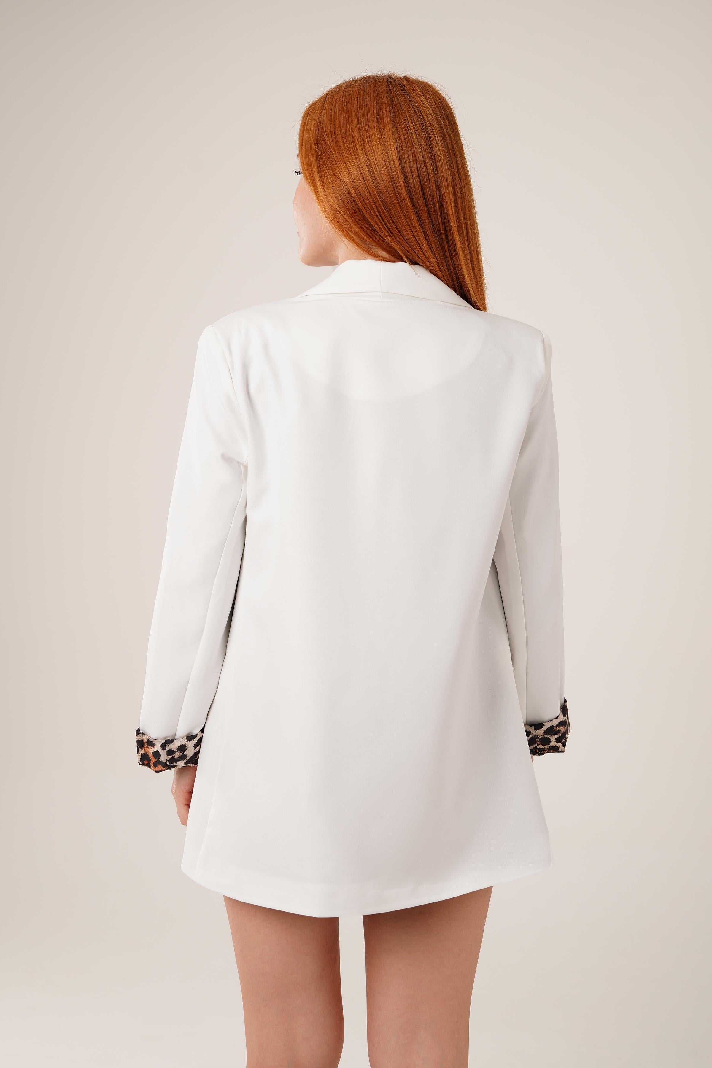 Leopar Detaylı Toptan Ekru Blazer Ceket