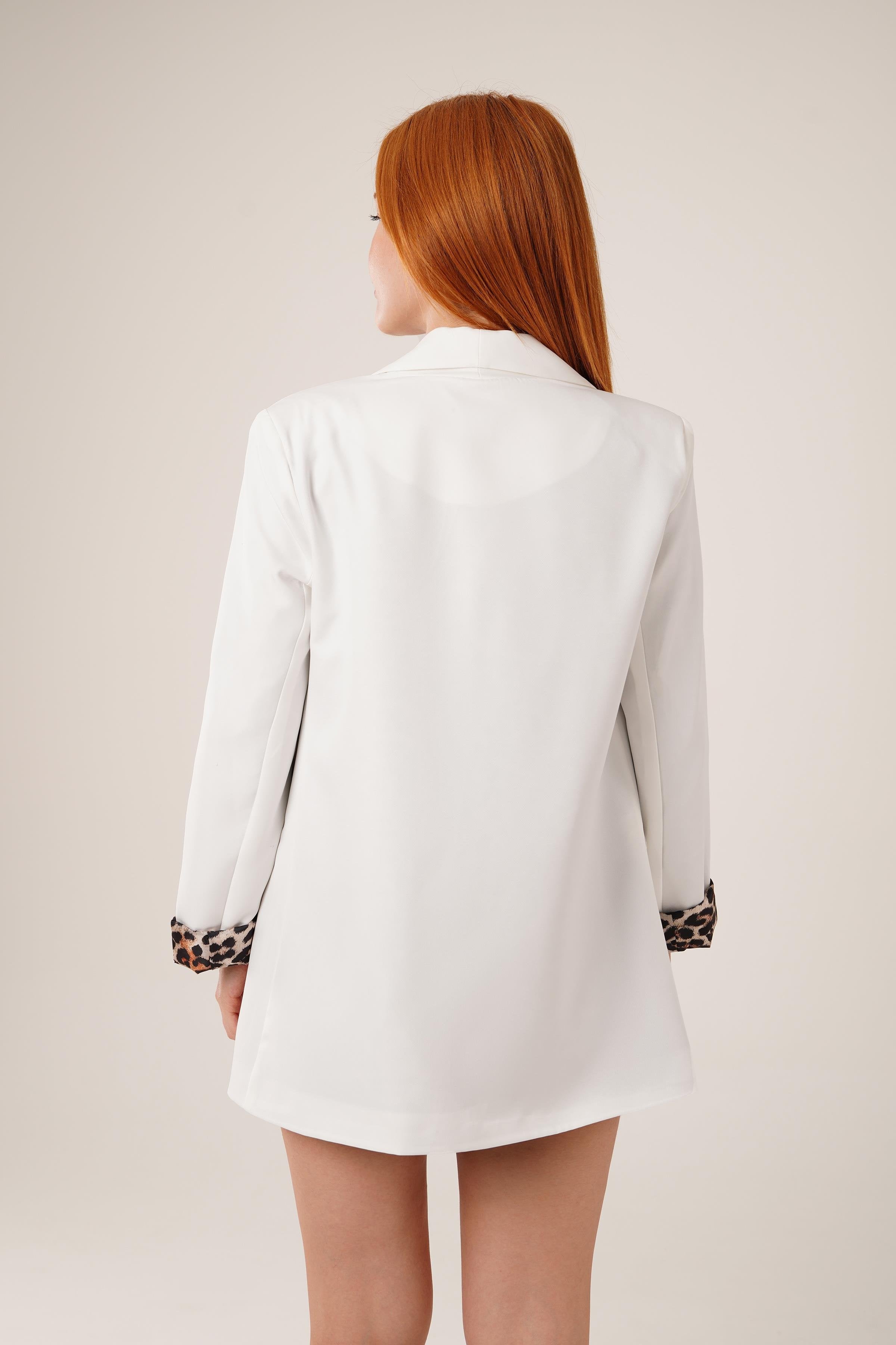 Leopar Detaylı Toptan Ekru Blazer Ceket
