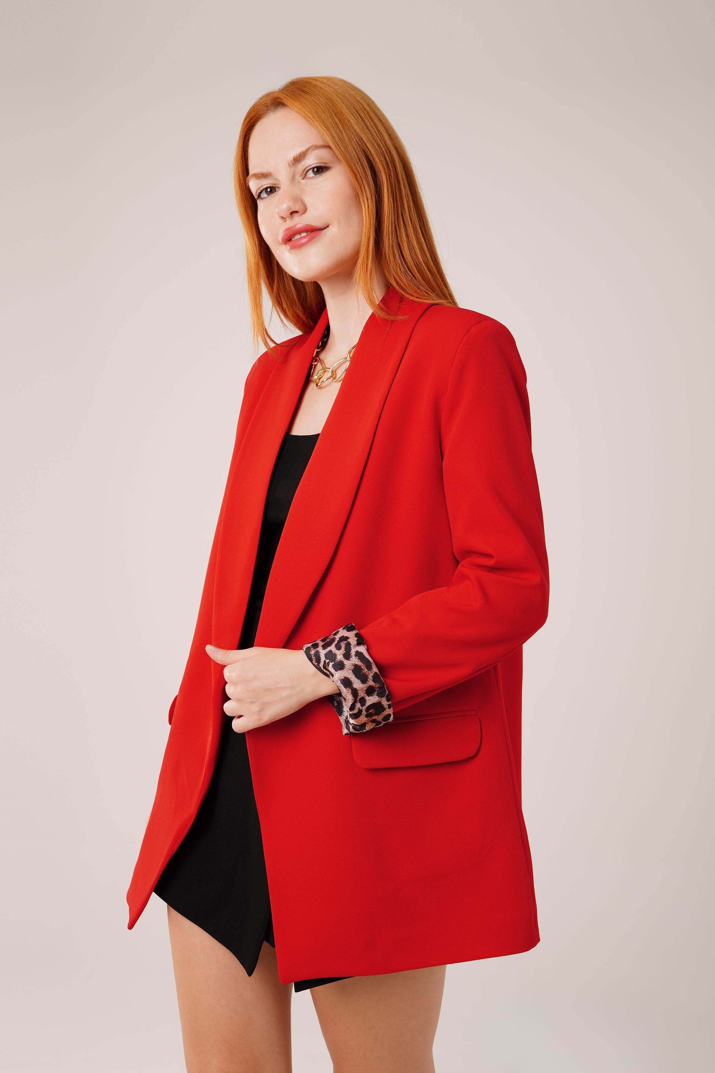 Leopar Detaylı Toptan Kırmızı Blazer Ceket