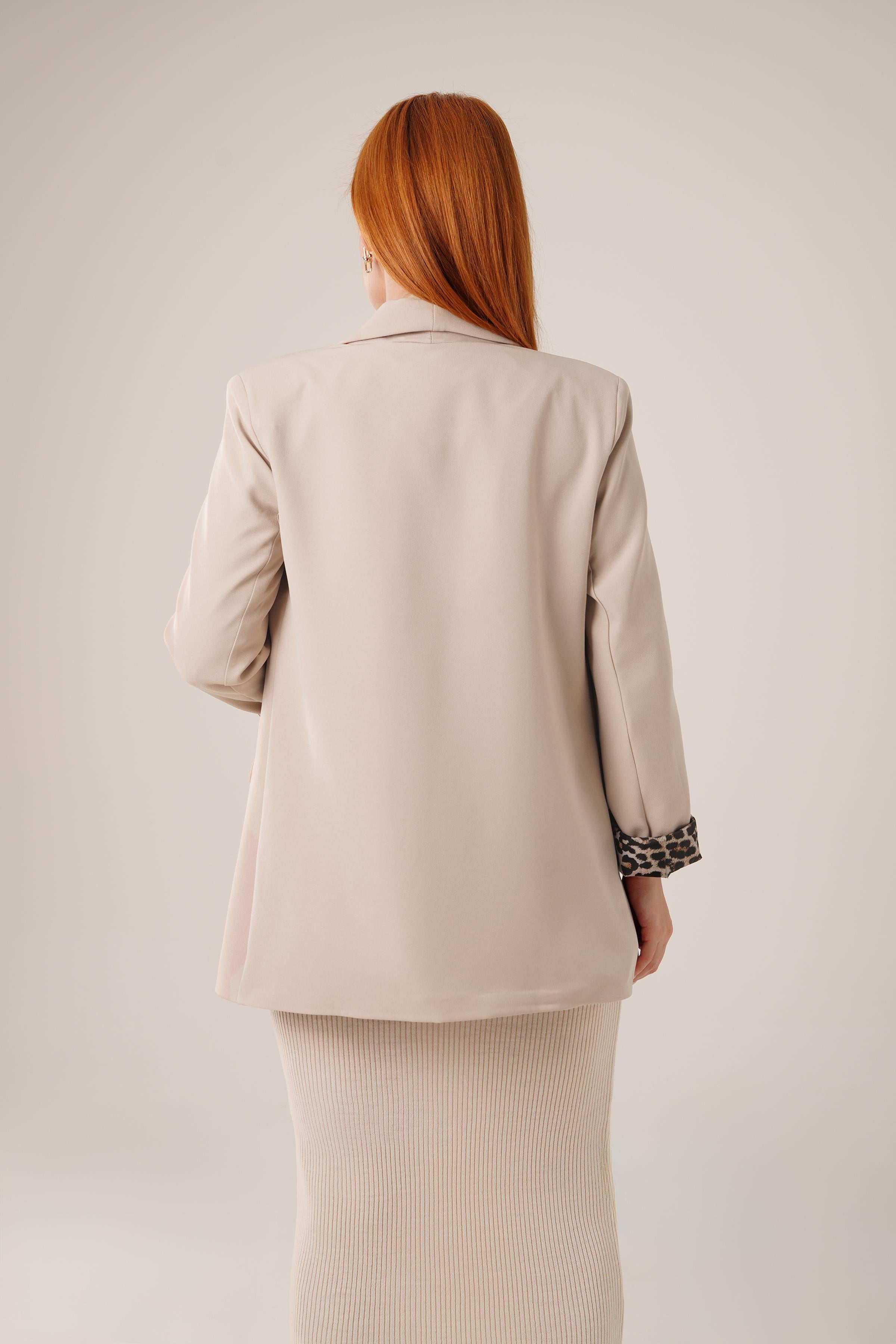 Leopar Detaylı Toptan Taş Blazer Ceket