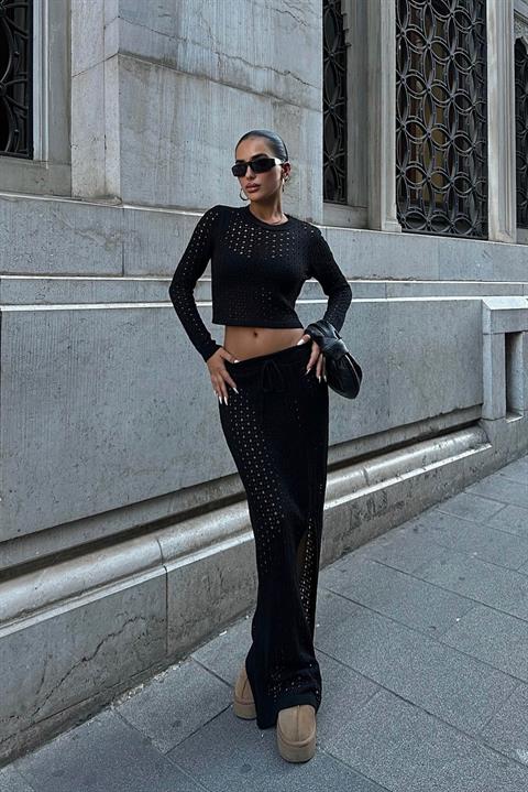 Macey Kroşe Crop Takım 9882 SİYAH STD