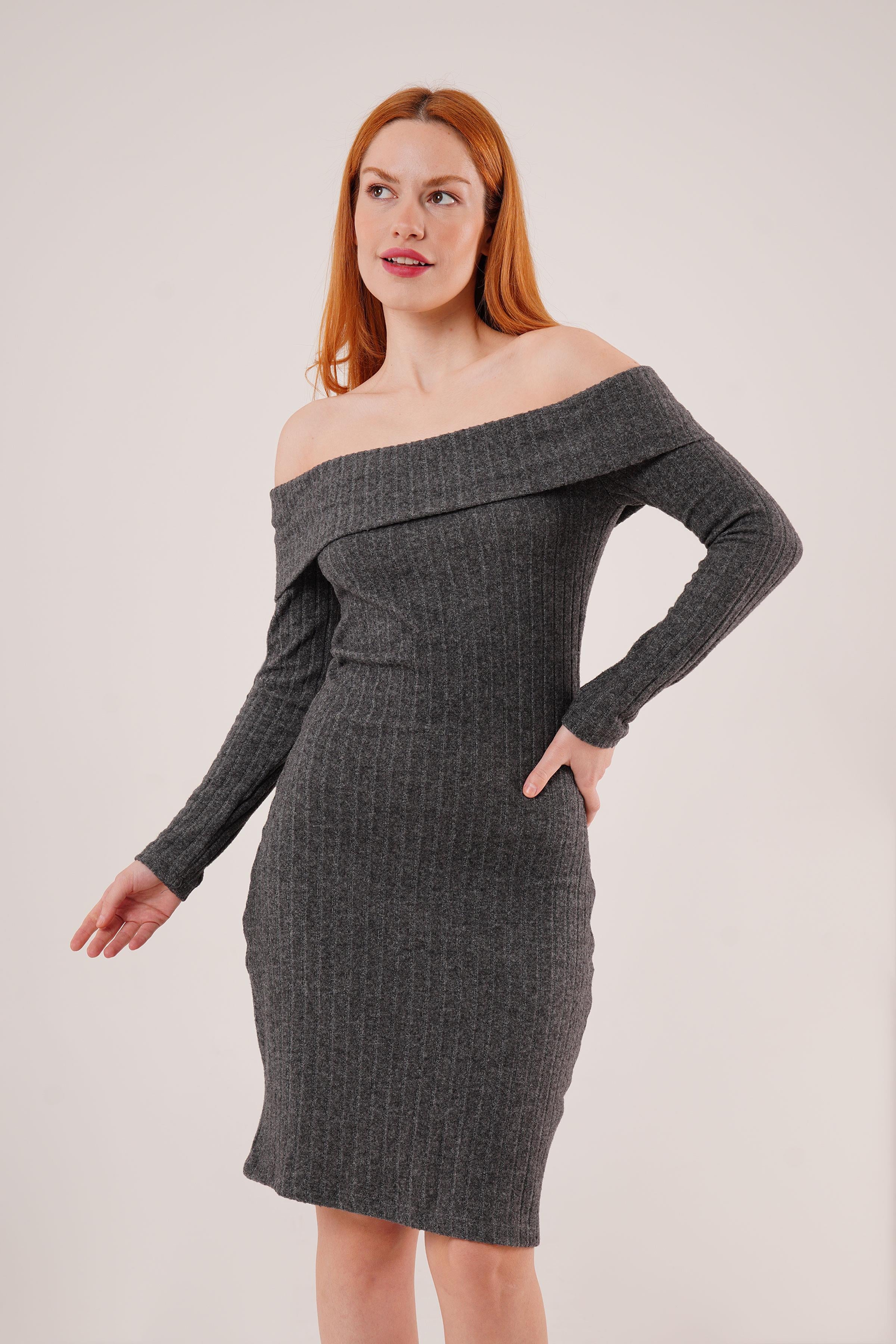 Madonna Yaka Fitilli Toptan Antrasit Triko Elbise