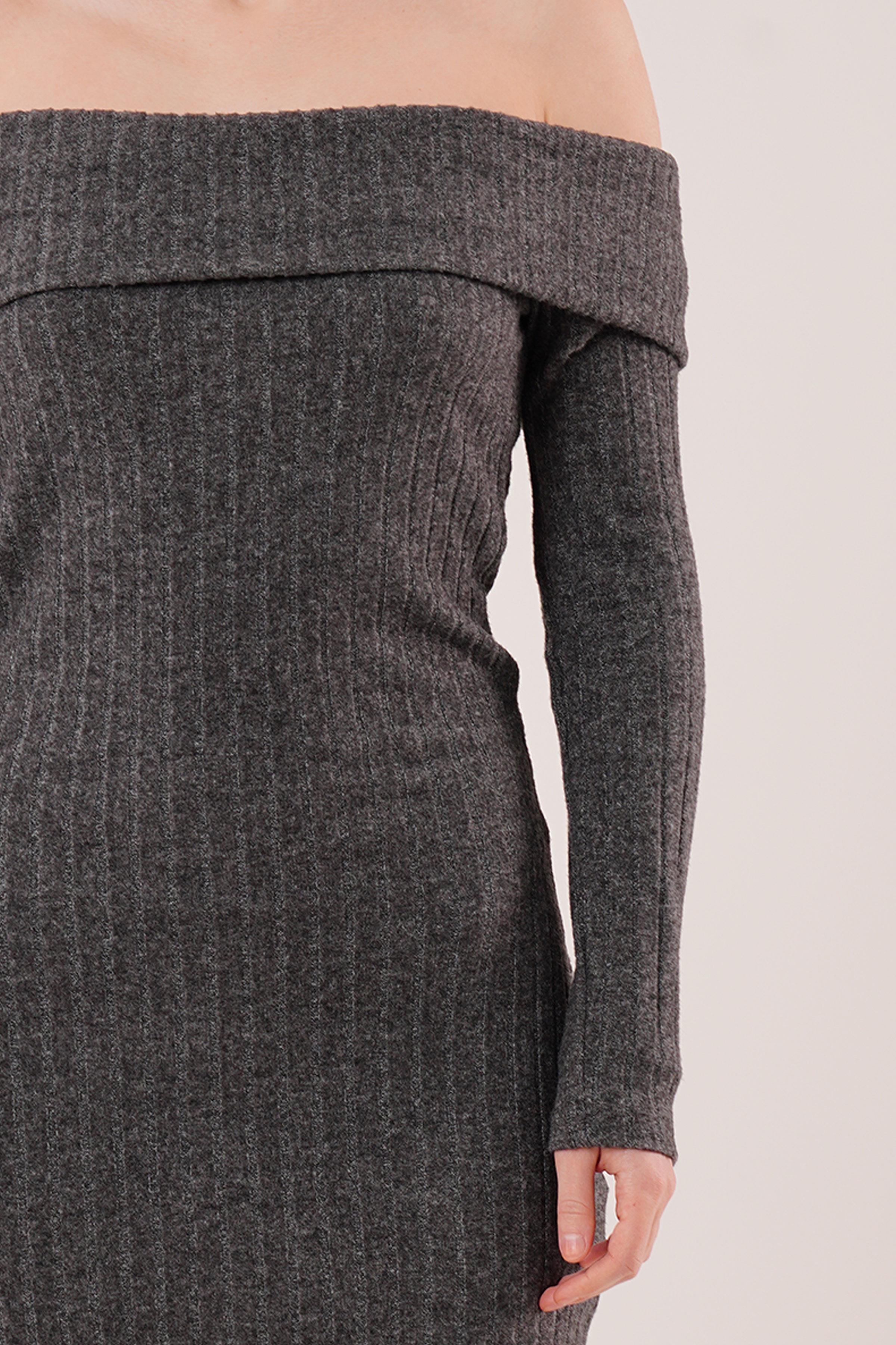 Madonna Yaka Fitilli Toptan Antrasit Triko Elbise