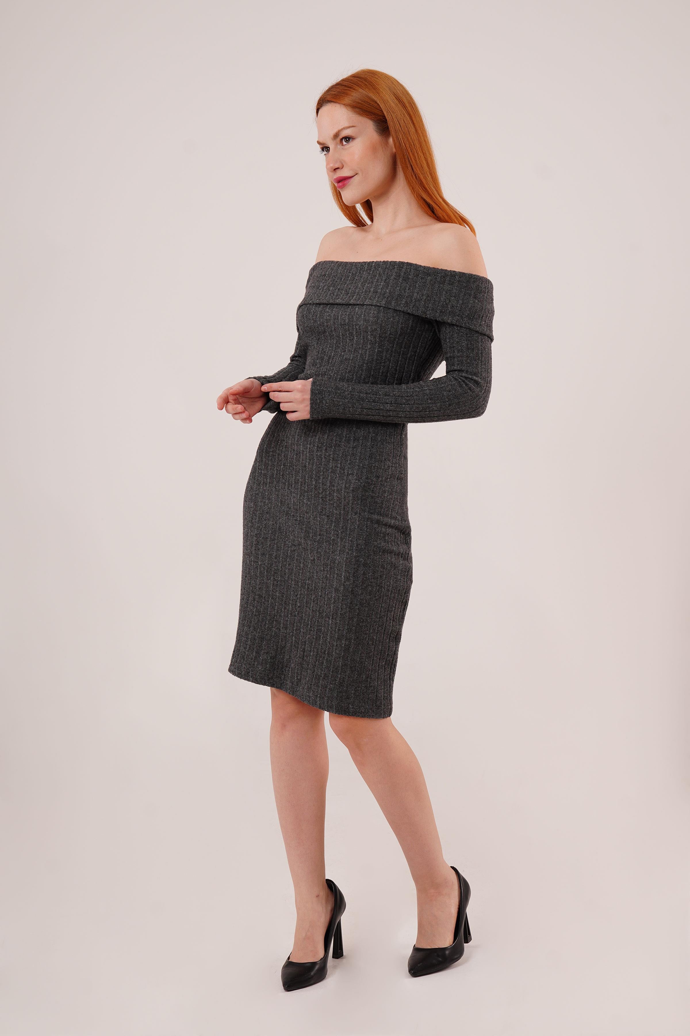 Madonna Yaka Fitilli Toptan Antrasit Triko Elbise