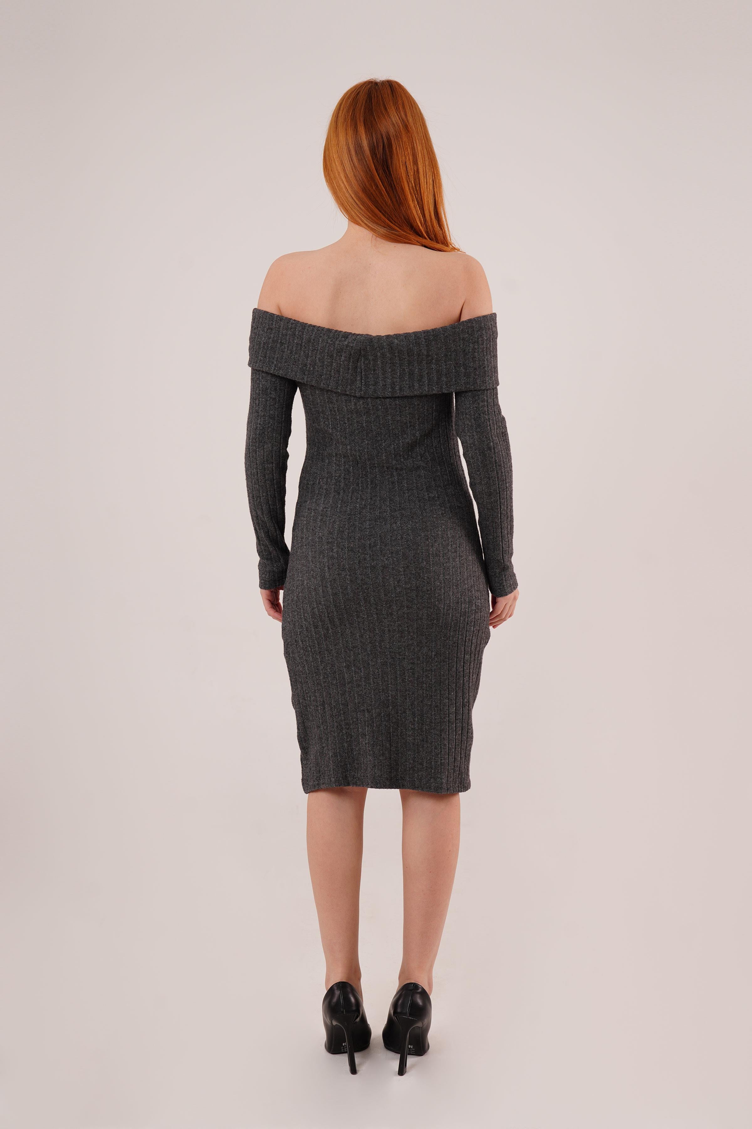 Madonna Yaka Fitilli Toptan Antrasit Triko Elbise