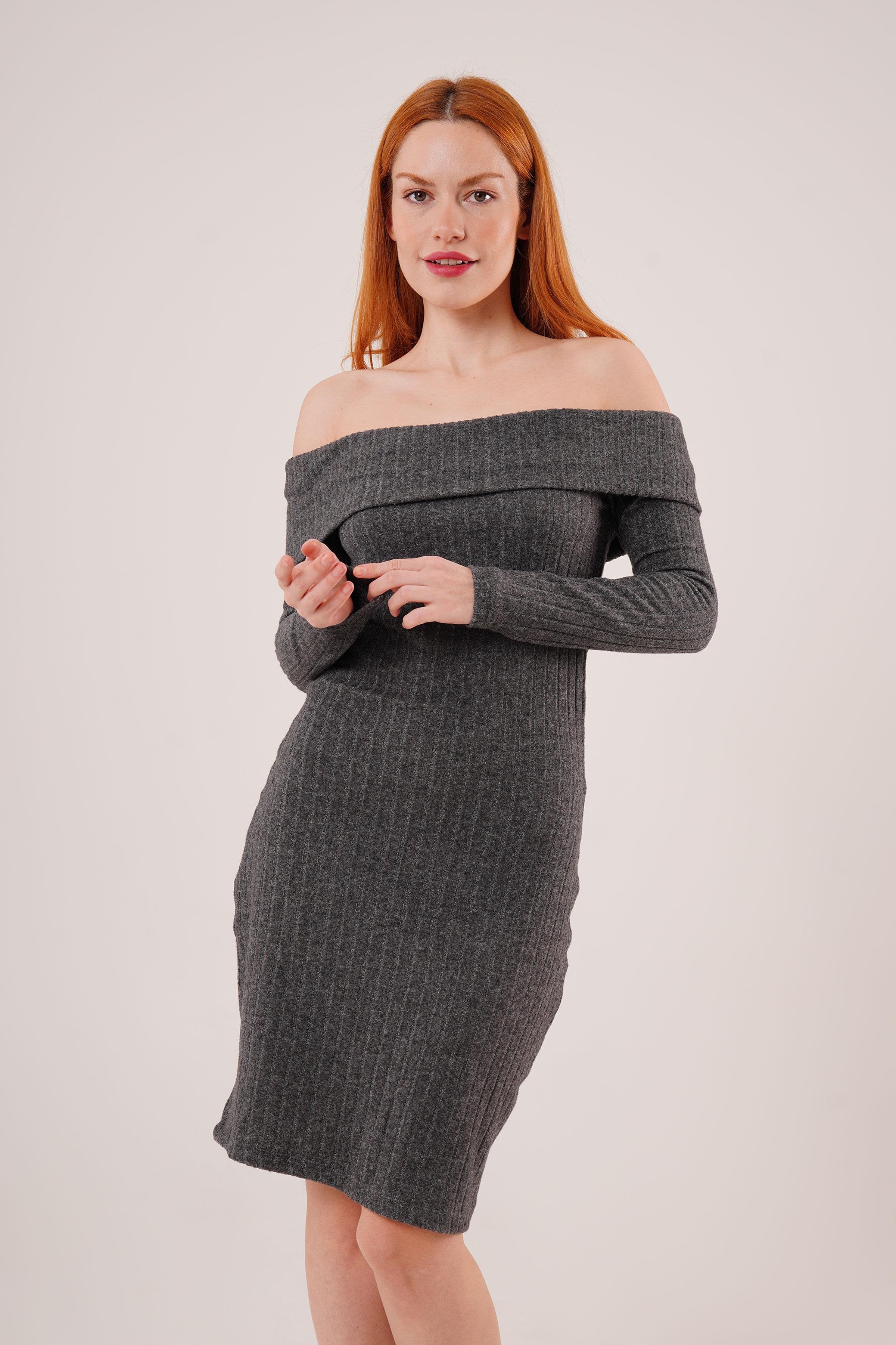 Madonna Yaka Fitilli Toptan Antrasit Triko Elbise Antrasit S