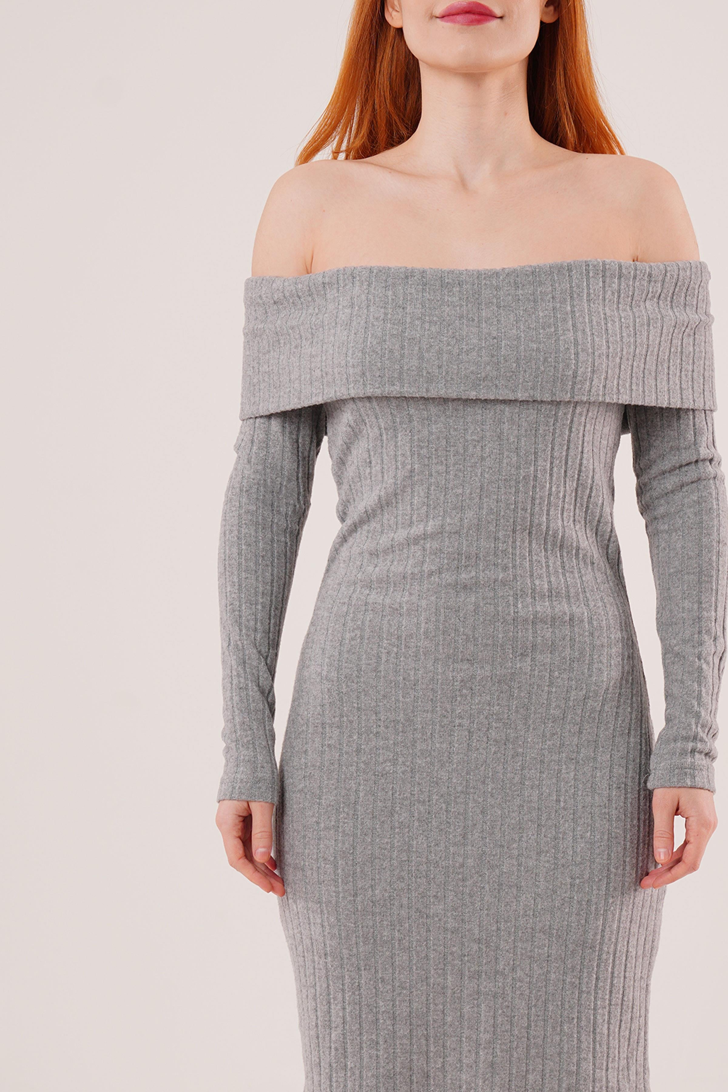 Madonna Yaka Fitilli Toptan Gri Triko Elbise