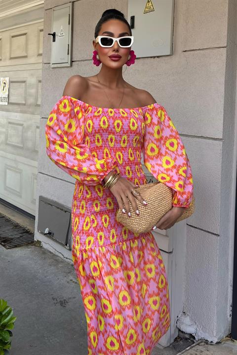 Madonna Yaka Gipe Detaylı Desenli Elbise 2746